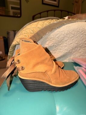Fly London Tan Suede Wedge Ankle Booties with Back Lace
